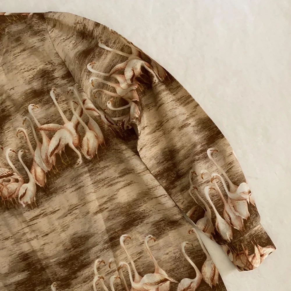 {VTG} Alex Colman Sportswear | 70s Flamingo Print Lightweight LS Pullover Blouse - Picture 7 of 16